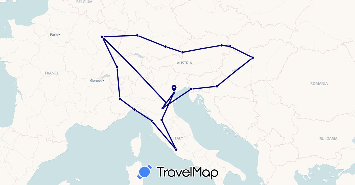 TravelMap itinerary: driving in Austria, Switzerland, Germany, France, Croatia, Hungary, Italy, Slovakia (Europe)